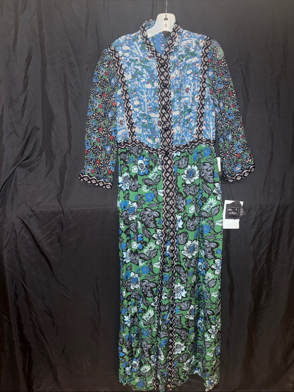 Anna Sui Blue & Green Mixed-Print Long Sleeve Dress # 201